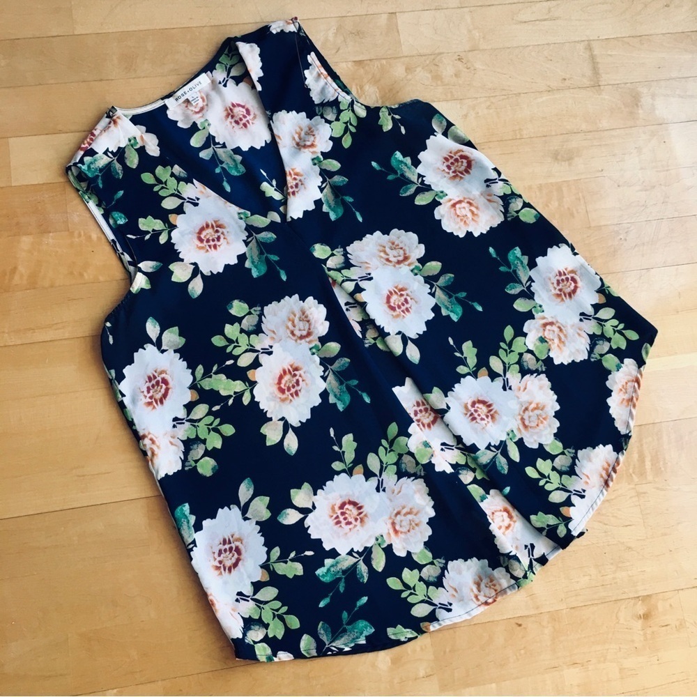 Rose + Olive Floral, Pleated, Flowy, Dressy Tank, Navy Blue, Peach, Size L